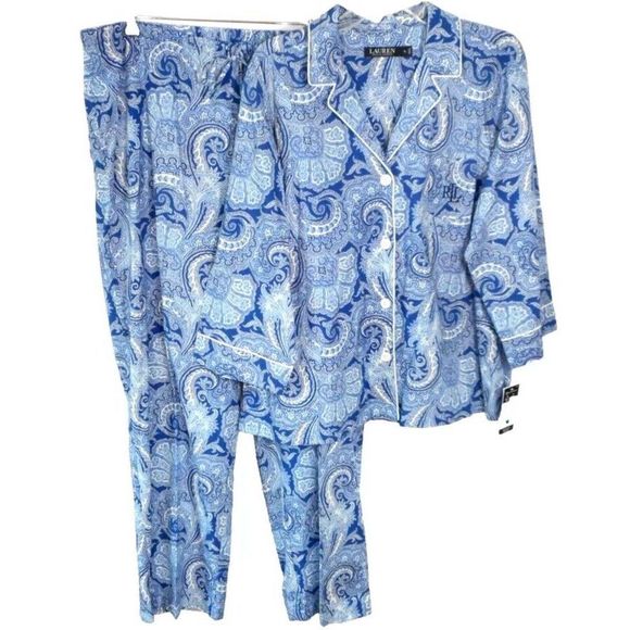 Lauren Ralph Lauren Women Sz XL Cotton Blend LS  2PC Pajama Set Blue Paisley NWT - Picture 1 of 10